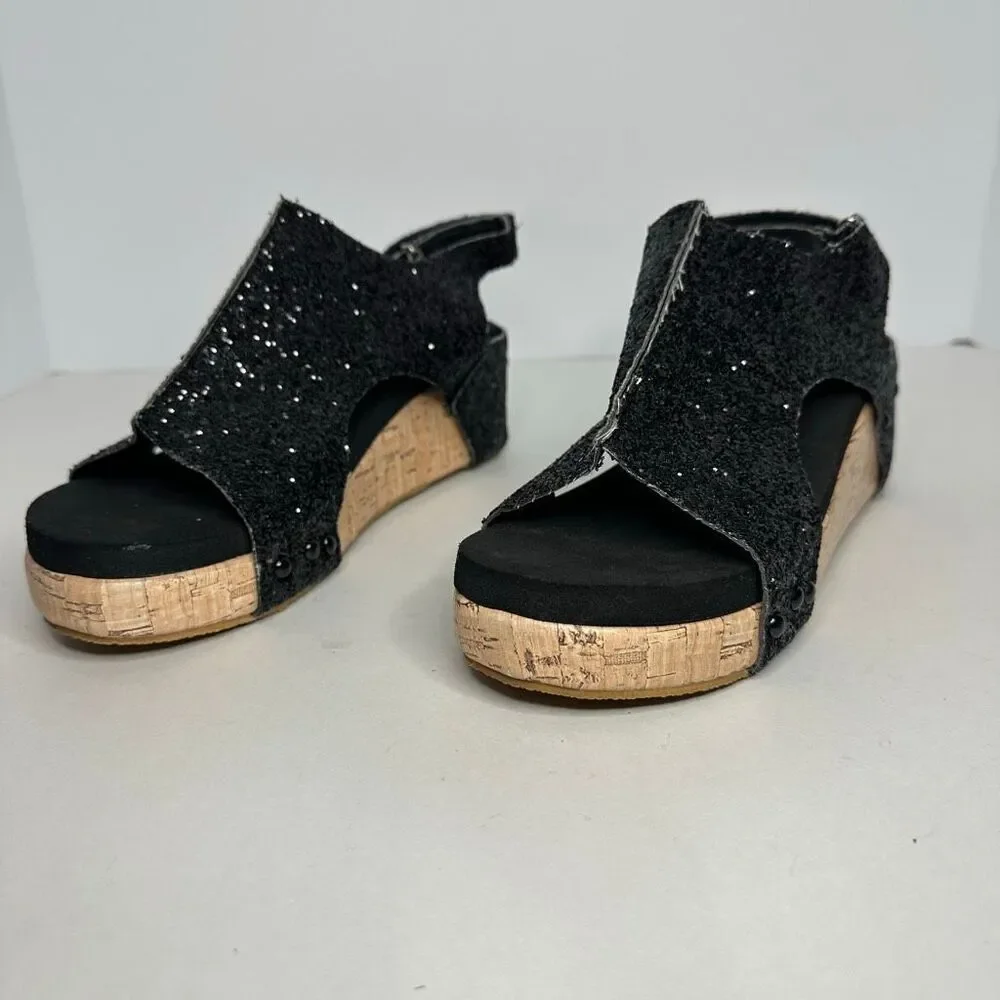 Black Glitter Wedges Sparkly Sandal | Women Size 7.5